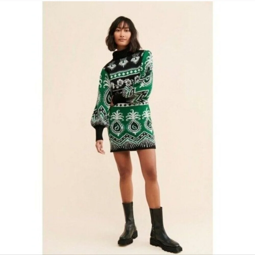 NEW Farm Rio Mystic Scarf Sweater Dress Green‎ / Black Print size S